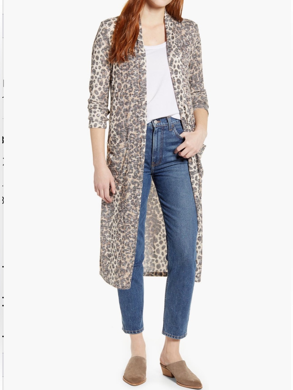 Bobeau Ribbed knit Long Cardigan Animal Print Gray Size L